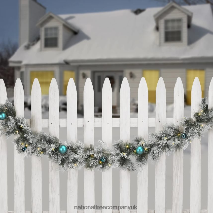 Greenery | National Tree Company Pre Lit Artificial GarlandTinkham Pine Green Frosted Decorated with Blue Ball Ornaments Warm White LED Lights Battery Powered Christmas Collection 9 Feet F2L4F